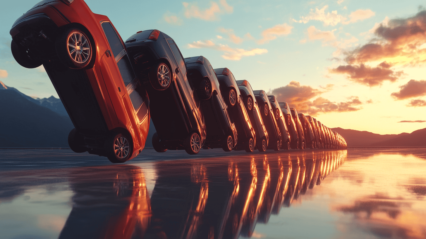Car falling like domino stones, AI-generated image